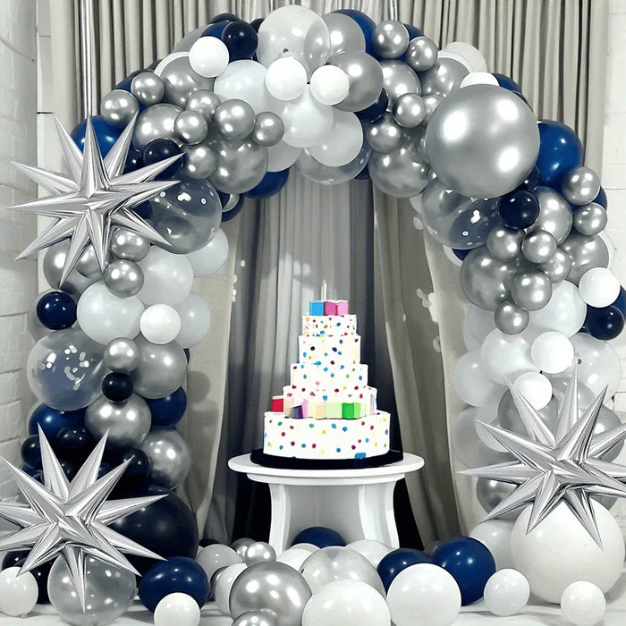 114Pcs Birthday Balloon Arch Set Ink-Blue 18-Inch Silver Exploding Star Birthday Party Outdoor Party Universal Decoration House