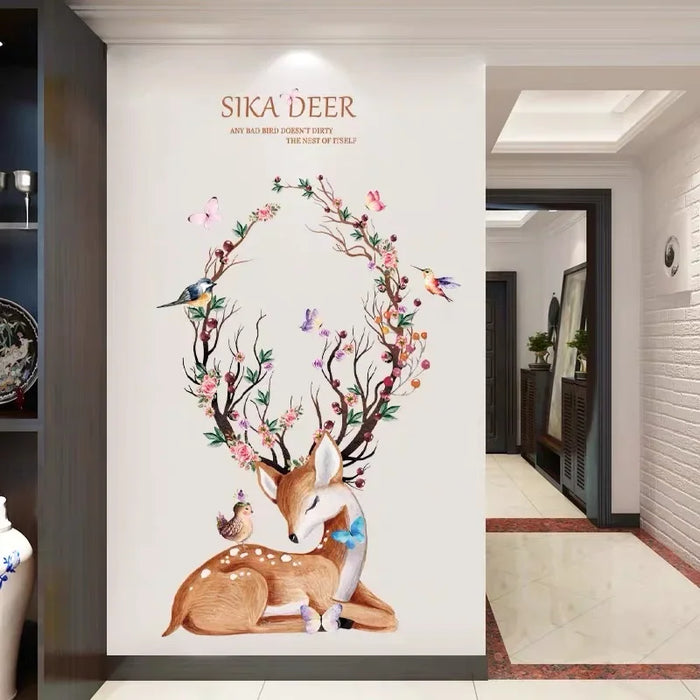 Watercolour Sika Deer Flower Birds Wall Stickers 54X99Cm Living Room & Kids Bedroom Decor