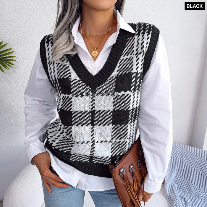 Plaid Sleeveless Sweater Vest For Women