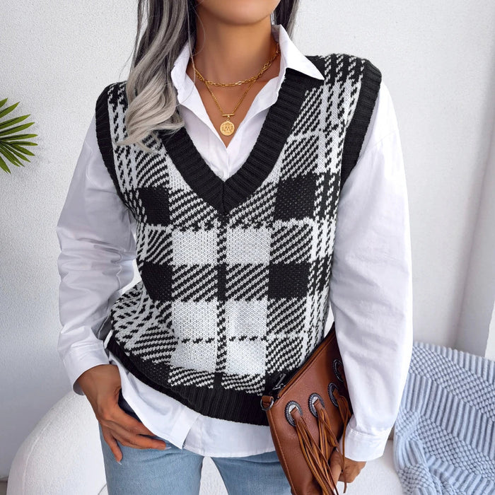 Plaid Sleeveless Sweater Vest For Women