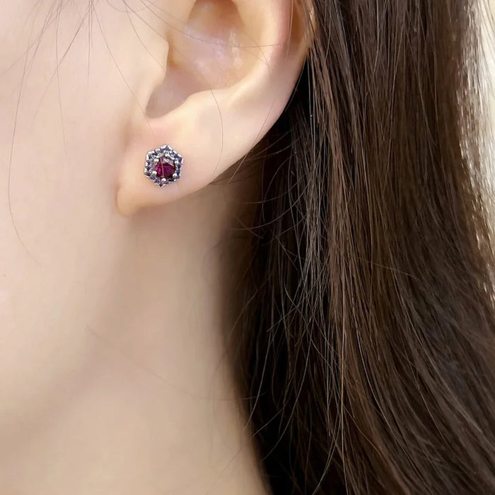 925 Sterling Silver Red Hexagon Stud Earrings Handcrafted Gift For Women