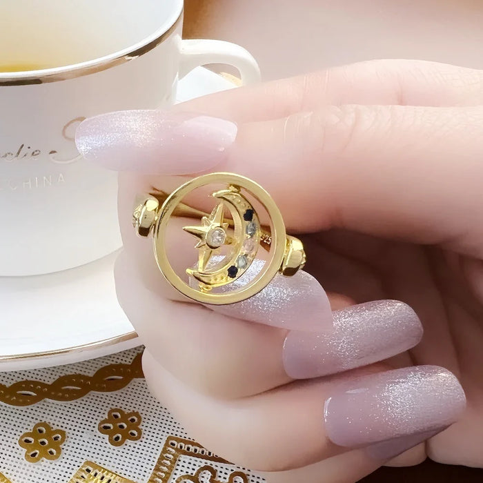 925 Sterling Silver Star & Moon Gold Ring For Women Bohemian Collection