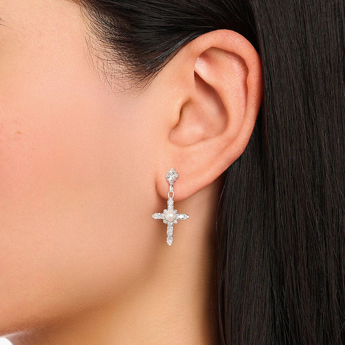 925 Sterling Silver Romantic Gift White Stone Cross Earrings Lucky For Women