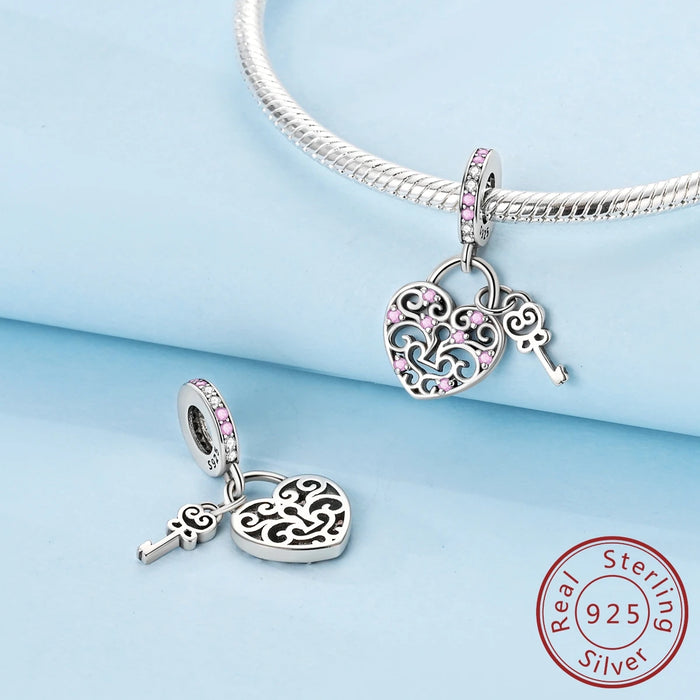 925 Sterling Silver Pink Heart Lock Charm Fits Bracelet Or Necklace Diy Gift For Women