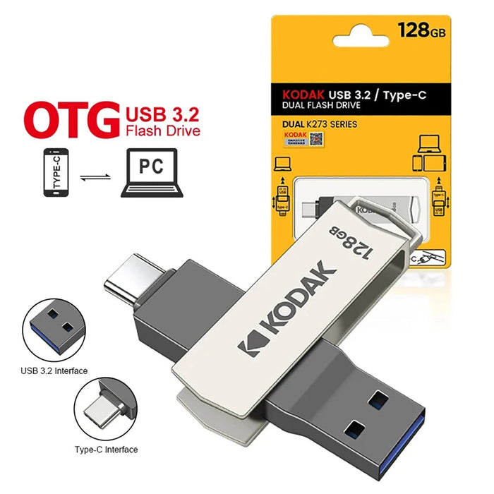 Kodak Metal USB Flash Drive 2 In 1 For Keys Smartphone Laptop 128gb / 64gb / 32gb