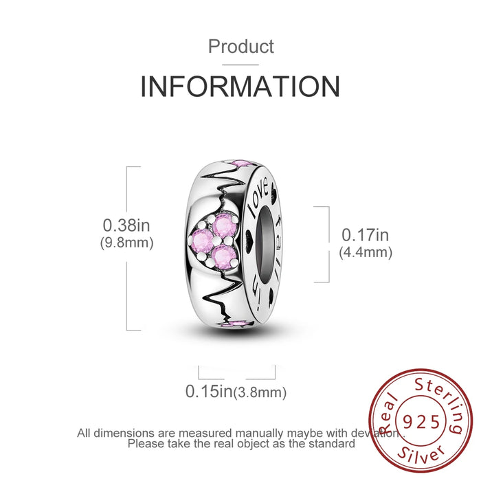 925 Sterling Silver Heart Silicone Spacer Beads Fits Bracelets Women Diy Gift