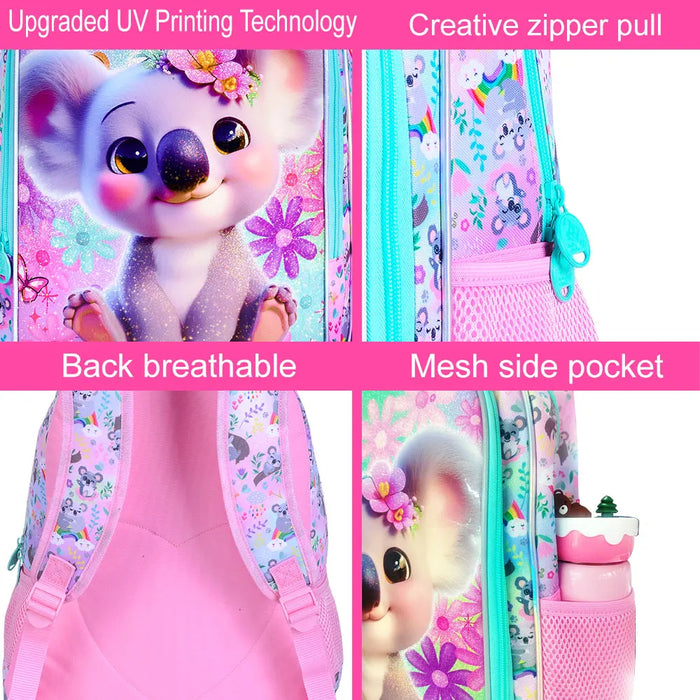 3 Piece Girls Backpack Set 16 Inch Koala Design For Elementary School