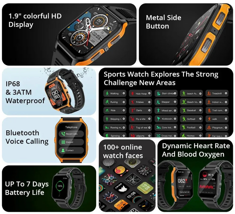 1.9 Inch Ip68 Waterproof Military Smartwatch For Android & Ios