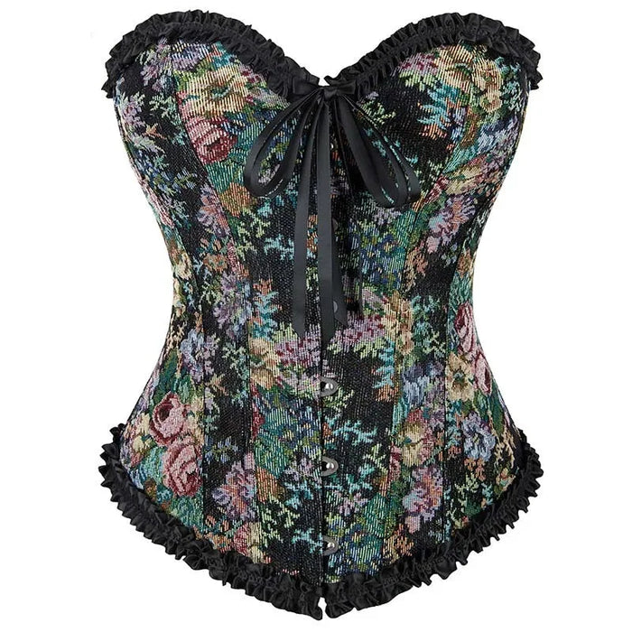 Floral Lace Trim Renaissance Corset With 6 Busk Closure Plus Size Xs-Xl