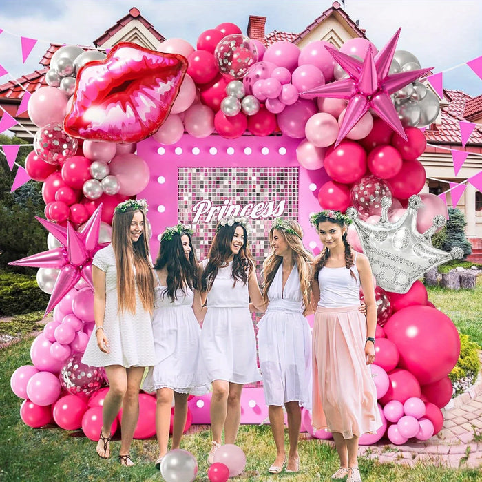 148Pcs Pink And Exploding Star Silver Crown Balloon Arch Set Birthday Party Mother'S Day Bridal Shower Wedding Home Decor