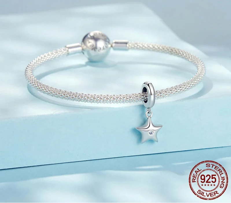 925 Sterling Silver Star Charm Bead For Bracelets & Necklaces