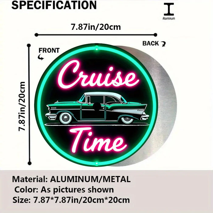 Retro Car Sign 7.8 Round Aluminum Wall Art For Bar Cafe Or Beach Decor