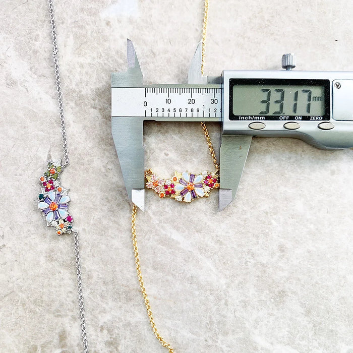 925 Sterling Silver Colourful Stone Flower Necklace Link Chain Romantic Gift