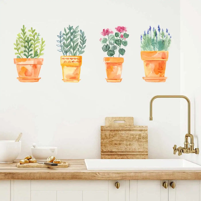 Watercolour Flower Wall Stickers 4Pc Set For Kitchen Living Room Bedroom Decor