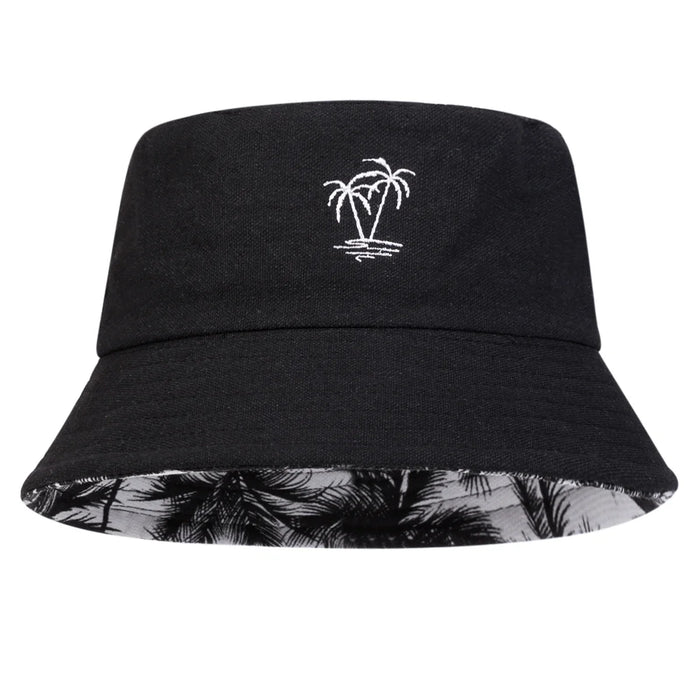 Double Sided Coconut Tree Embroidery Bucket Hat For Unisex Outdoor Sun Protection