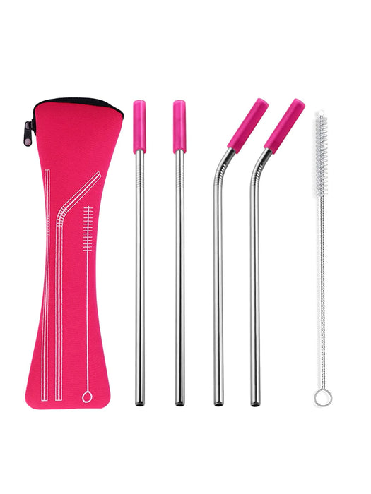 4 Piece Reusable Stainless Steel Straw Set With Cleaning Brush And Travel Bag