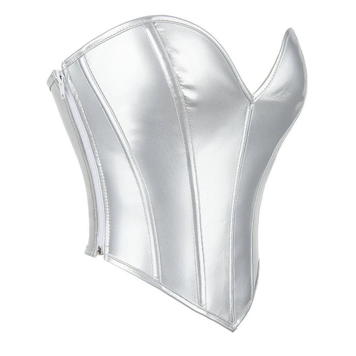 12-Bone Side Zip Chest Binder Bustier Short Strapless Top For Women Silver Leather Corset