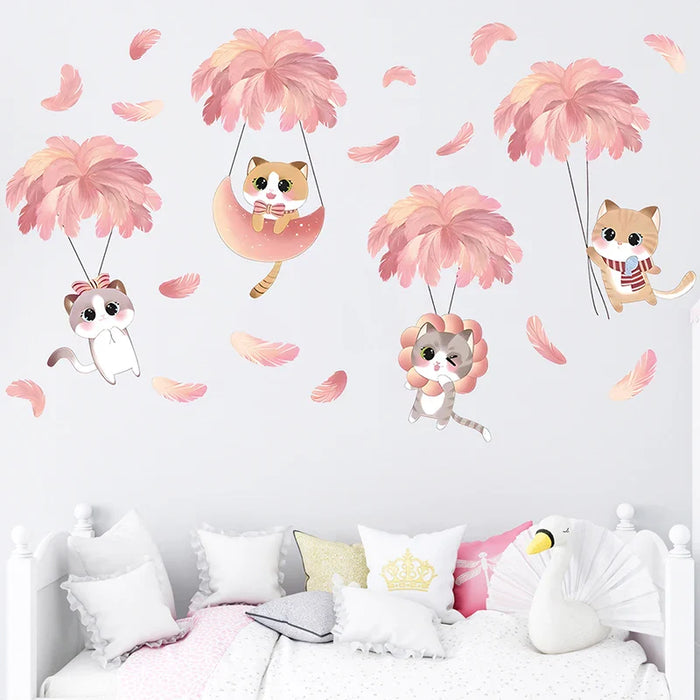 Hand Painted Feather Balloon Cats Wall Stickers For Kids Room