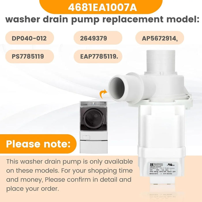 Dp040-027 4681Ea1007E 2649379 Washer Drain Pump Compatible With Lg Wt1201Cv Wt1201Cw Wt4870Cw Wt1501Cw Kenmore 796.31513210 220V