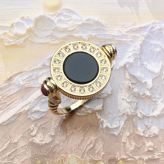 925 Sterling Silver Rotatable Black Onyx Coin Ring European Style Women Fine Jewelry Vintage