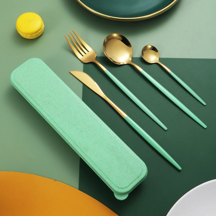4 Piece Green Stainless Steel Tableware Set
