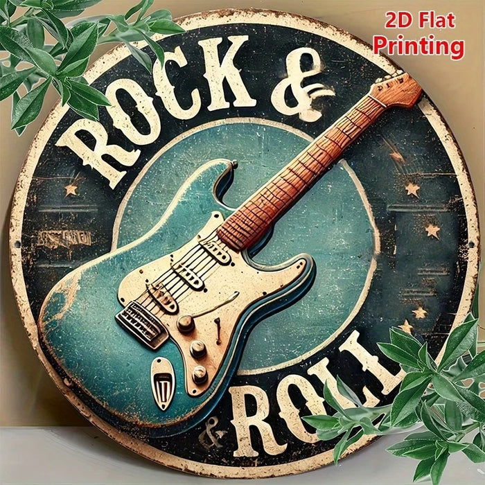 Vintage Style 8X8 Inch Round Aluminum Guitar Wall Art