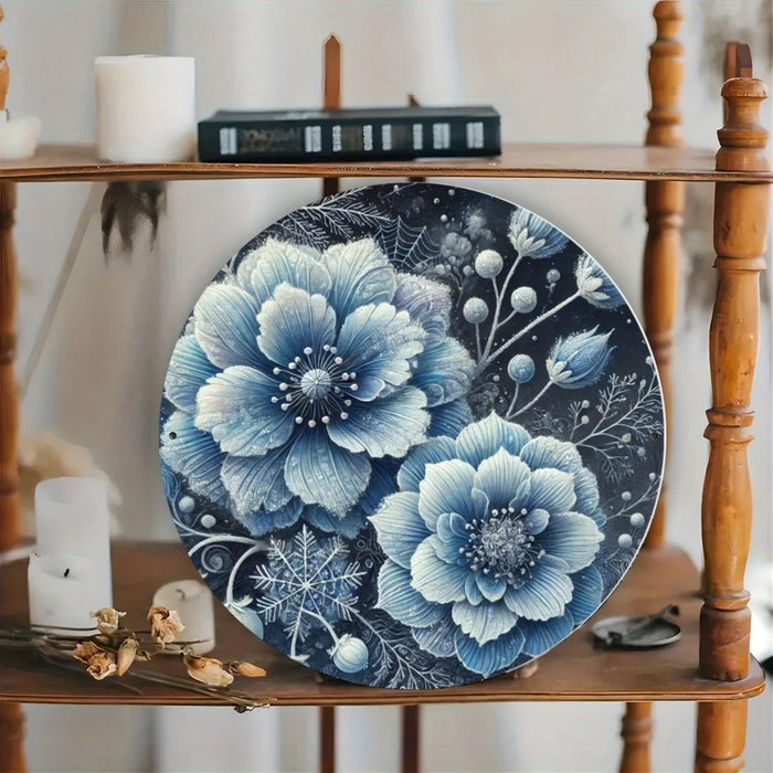 Blue Floral Wall Art 8X8 Inch Inch Iron Round Hanging Picture Garden Decor