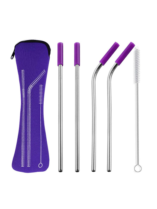 4 Piece Reusable Stainless Steel Straw Set With Cleaning Brush And Travel Bag