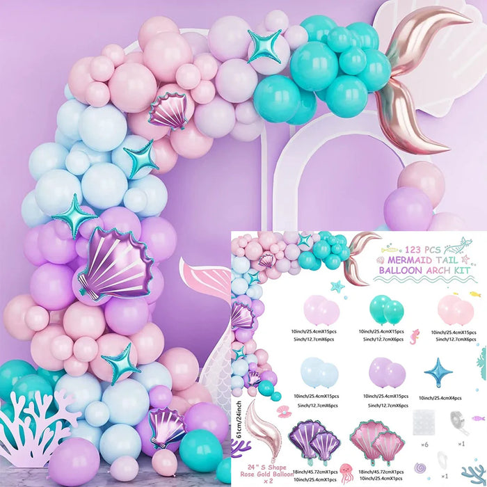 123 Pcs Mermaid Princess Balloon Sets， For Birthdays Pool Beach Parties Anniversaries Graduation Ceremonies Summer Decorations