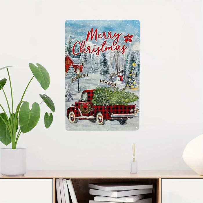 Metal Tin Sign Merry Christmas Red Truck Holiday Decor