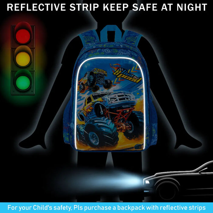 3 Piece Boys Backpack Set 16 Inch Cars Bookbag Lunch Box Elementary School