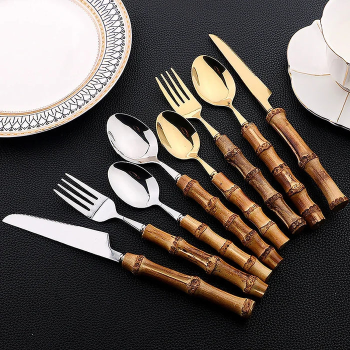 24 Piece Stainless Steel Bamboo Cutlery Set With Natural Handles