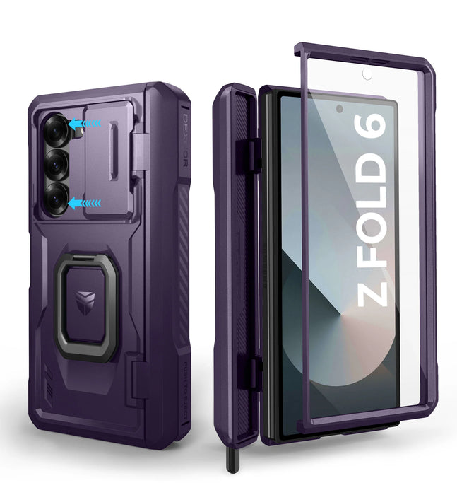 For Samsung Galaxy Z Fold 6 2024 Hinge Protection Screen Protector Case With Ring Stand & S Pen Holder & Slide Camera Case