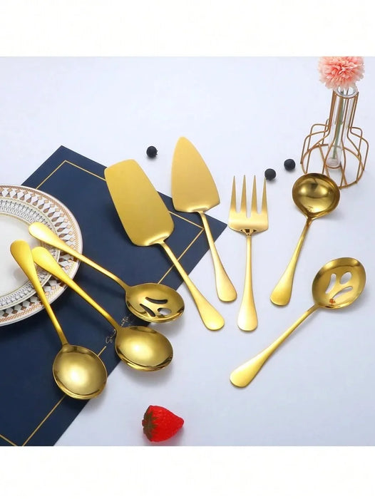 1 / 8 Piece Gold Stainless Steel Cutlery Set With Serving Utensils