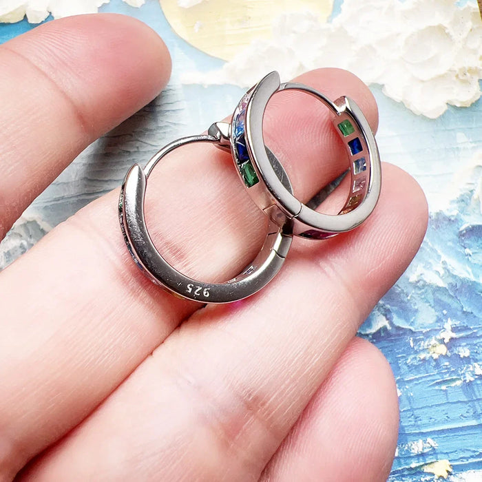 925 Sterling Silver Boho Rainbow Stone Hoop Earrings Real European Glam Jewelry For Women