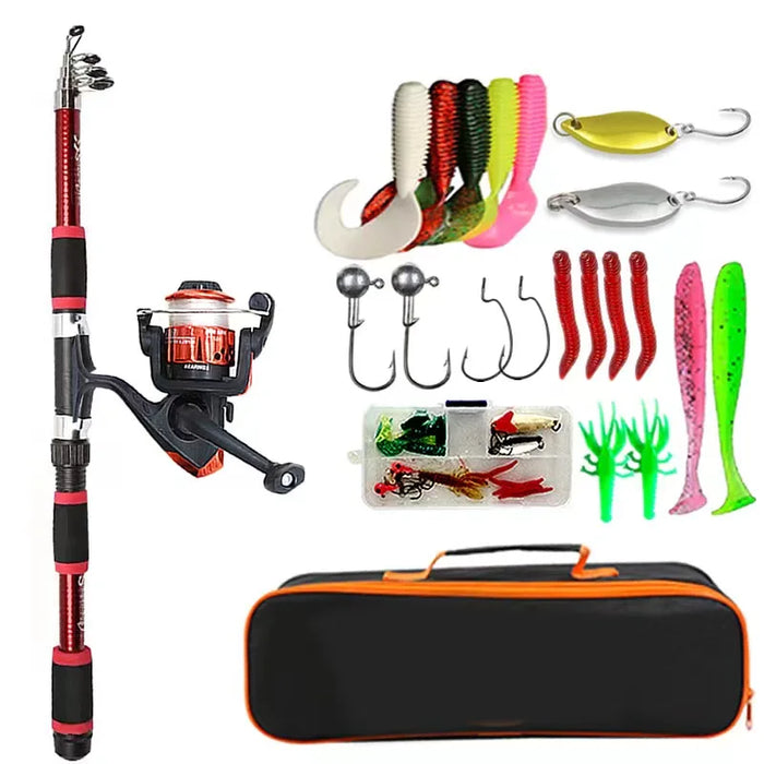 Complete Fishing Kit Telescopic Rod Spinning Reel Baits & Hooks