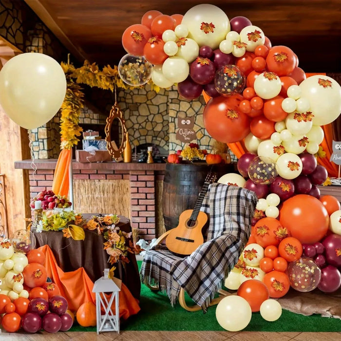 193Pcs Fall Themed Parties Decorated With Balloons And Maple Leaf Decorations For Dances Cocktail Parties And Thanksgiving