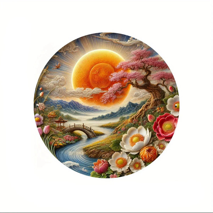 8X8 Inch Round Metal Wall Art Spring Floral & Landscape Weather-Resistant Hd Print Easy Hang Home Garden Cafe Bar