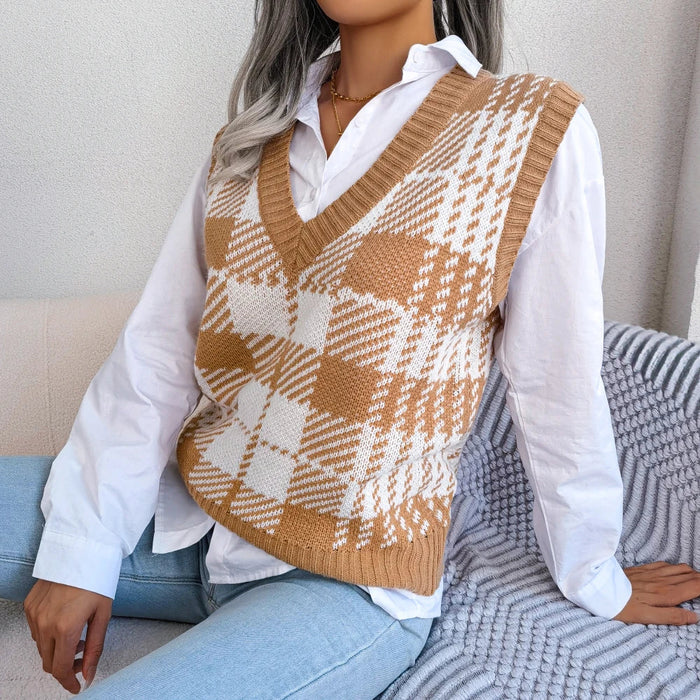 Plaid Sleeveless Sweater Vest For Women