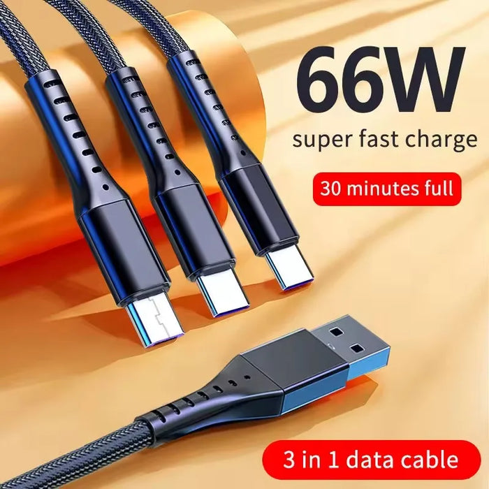 66W 3 In 1 Usb C Fast Charge Cable For Android & Iphone