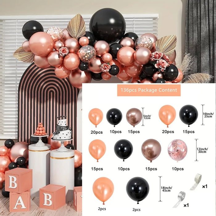 136Pcs Rose Gold Black Balloon Arch Set Balloon Wreath Set Women'S Birthday Bride Wedding Party Decoration Supplies