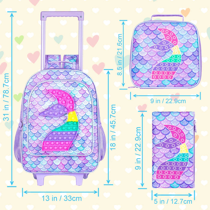 3 Piece Boys Rolling Backpack Set With Lunch Bag Mermaid