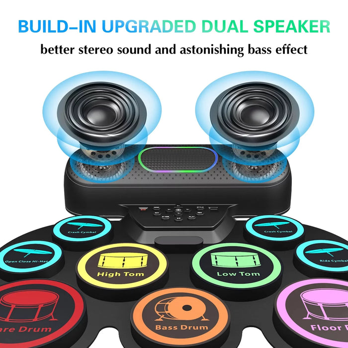 Portable Electronic Drum Set For Kids & Adults 9 Pads Dual Speakers Headset Jack Drumsticks Foot Pedals