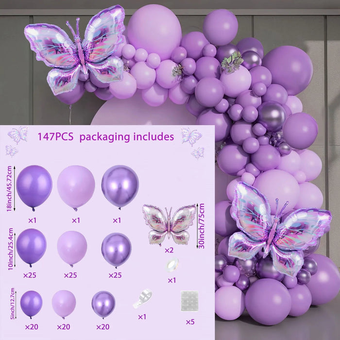 147Pcs Purple Lavender Butterfly Balloon Arch Kit With Purple Butterfly Foil Balloons For Birthdays Weddings Anniversaries