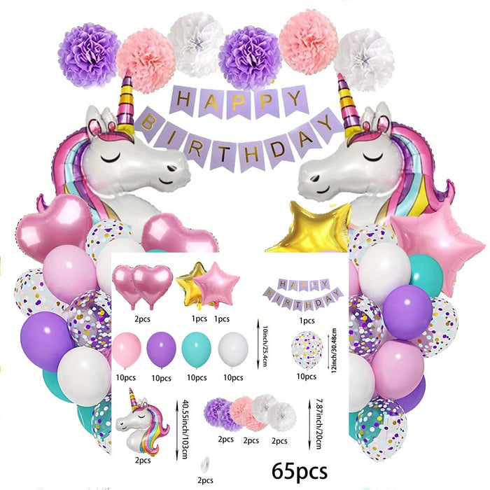 65Pcs Birthday Balloon Set Pentacle Unicorn Balloon Birthday Flag Paper Flowers For Birthday Party Anniversary Decoration