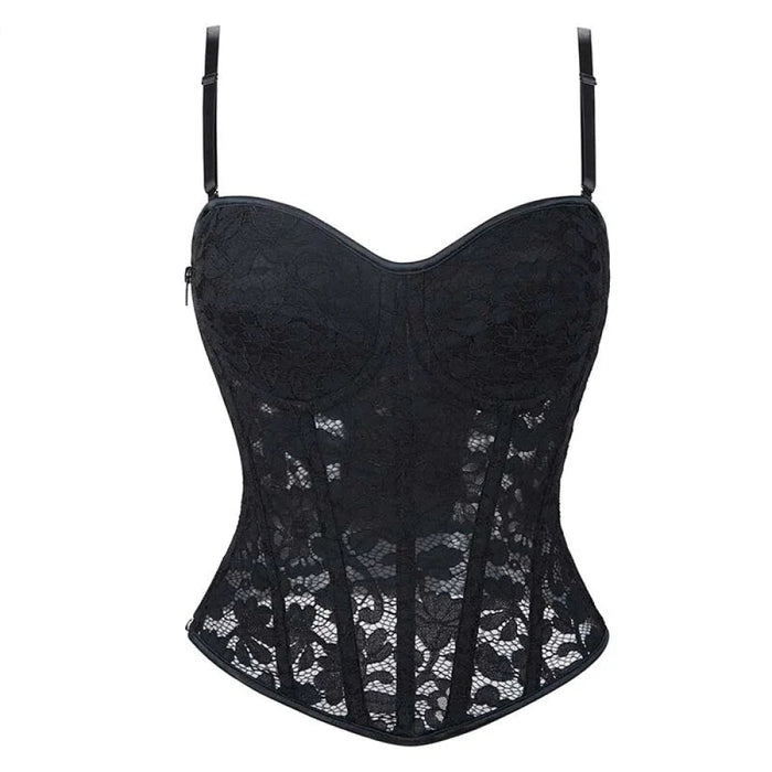 Adjustable Fishbones Spaghetti Strap Corset With Floral Lace Overlay Plus Size Xs-Xxxl
