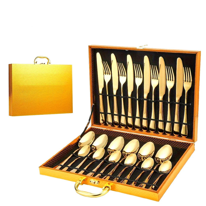 24 Piece Elegant Stainless Steel Flatware Set Black Classic Design Mirror Polish Dishwasher Safe