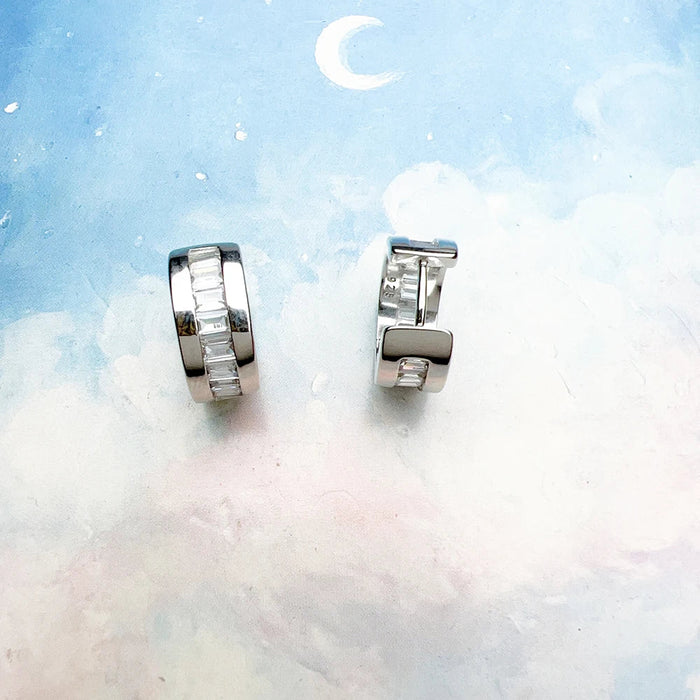 925 Sterling Silver White Stone Pave Creole Hoop Earrings For Women