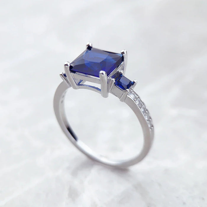 925 Sterling Silver Blue & White Square Stone Cocktail Ring Europe Style Fine Jewelry For Women
