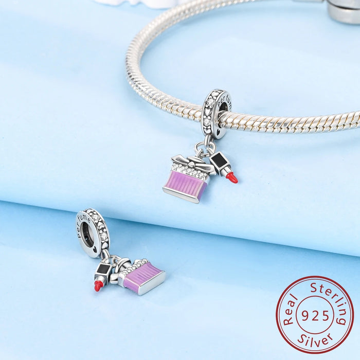 925 Sterling Silver Lipstick Charm Pendant Fits Bracelet Women Diy Gift